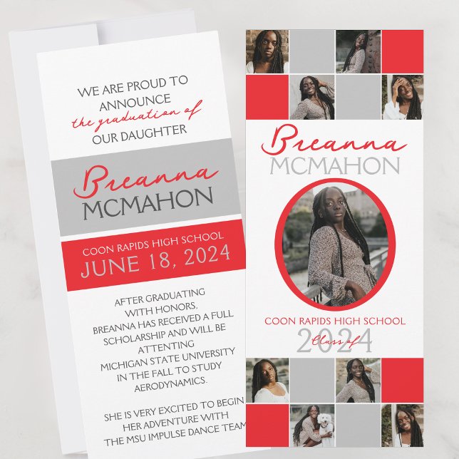 Red & Silver Grey 9 Photo Graduation Faire-part (White Silver Grey and Red 9 Photo Elegant Formal Graduation Announcements)