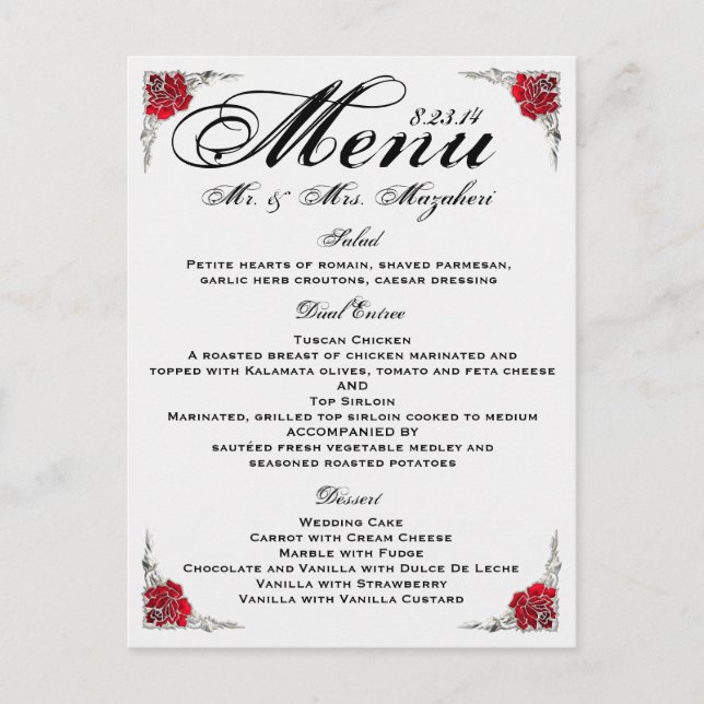 Red Silver Rose Wedding Dinner Menu Thank you Note (Devant)