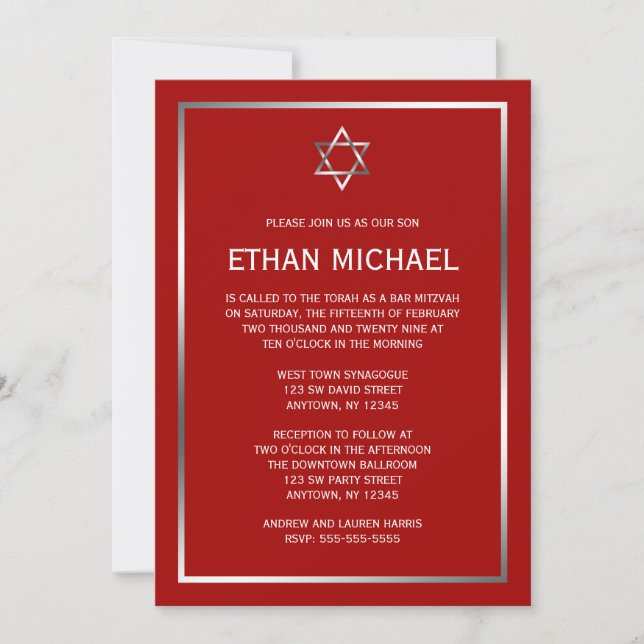Red Silver Star de David Bar Mitzvah Invitations (Devant)