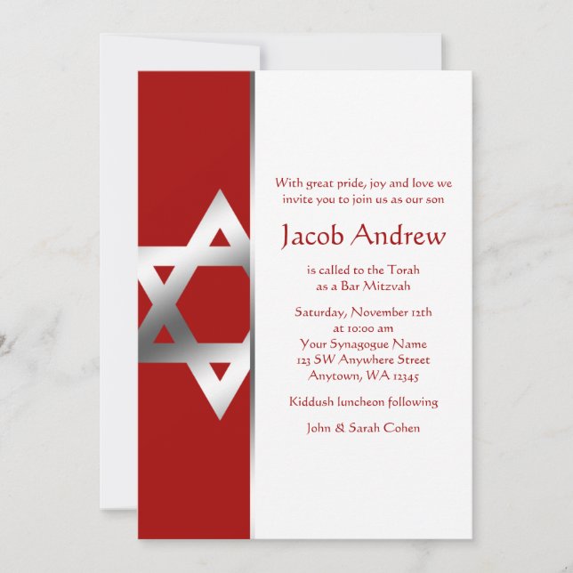 Red Silver Star de David Bar Mitzvah Invitations (Devant)