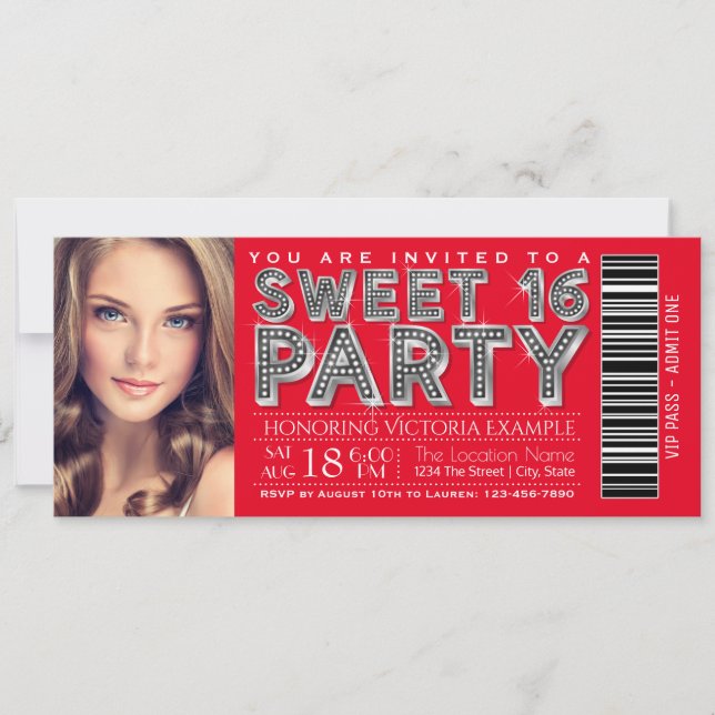 Red Silver Sweet 16 Ticket Invitation (Devant)