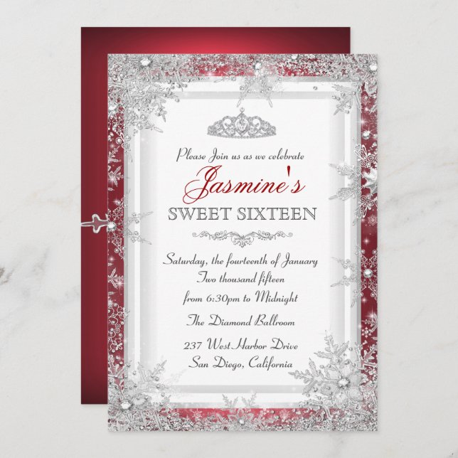 Red Silver Winter Wonderland Sweet 16 Invitation (Devant / Derrière)