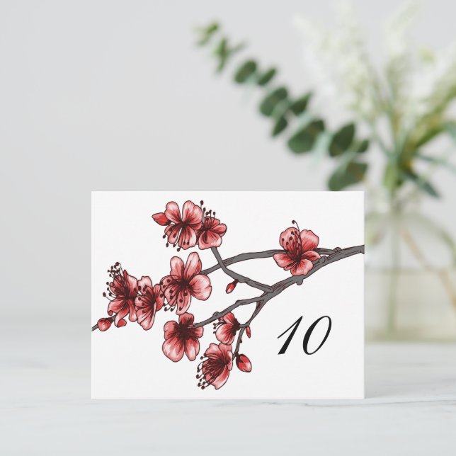 Red Simple Cherry Blossoms Numéro de table Carte p (Debout devant)
