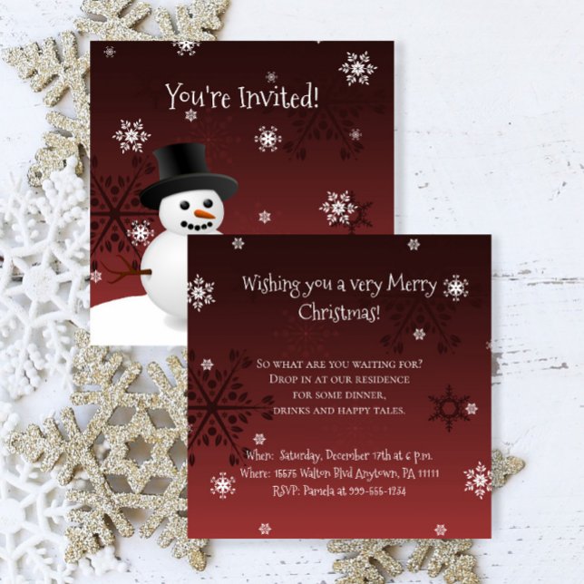 Red Snowman hiver scène Noël Invitation (Red Snowman Winter Scene Christmas Party Invitation)