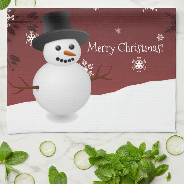 Red Snowman Winter Scène Noël Cuisine Serviette (Plié)