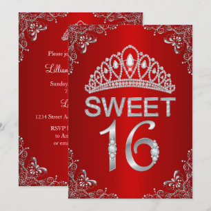 Red Sparkle Diamond Tiara Sweet 16 Invitation