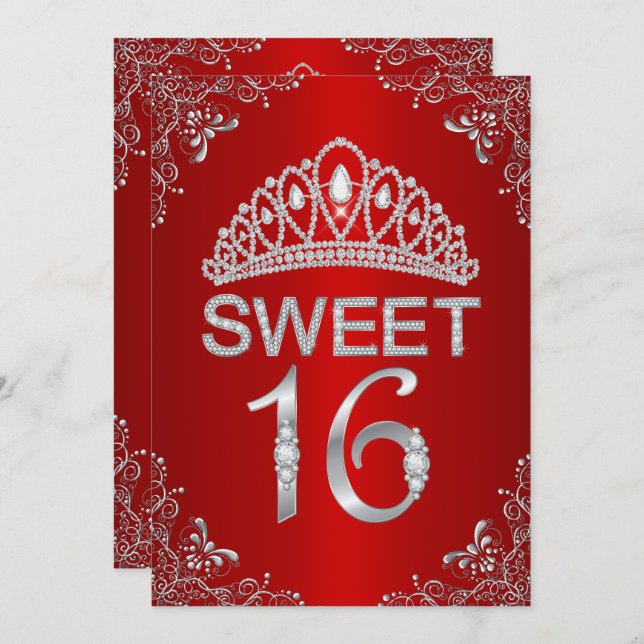 Red Sparkle Diamond Tiara Sweet 16 Invitation (Devant / Derrière)