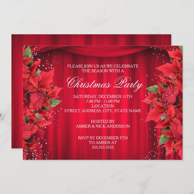 Red Sparkle Holly Floral Invitation de la fête de  (Devant / Derrière)