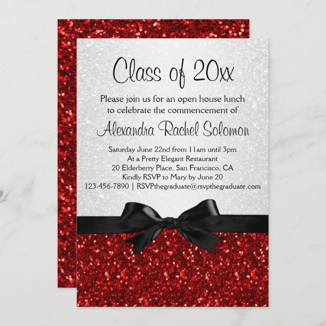 Red Sparkle-look Bow Graduation Invitation (Devant / Derrière)