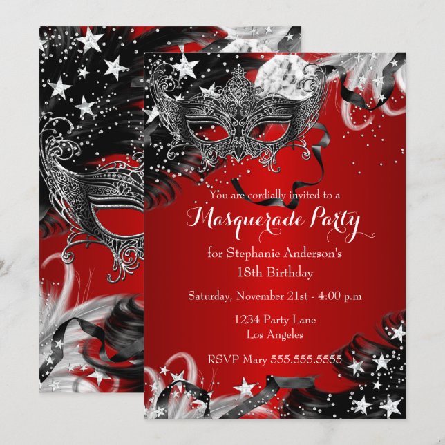 Red Sparkle Magical Night Masquerade Invitation (Devant / Derrière)