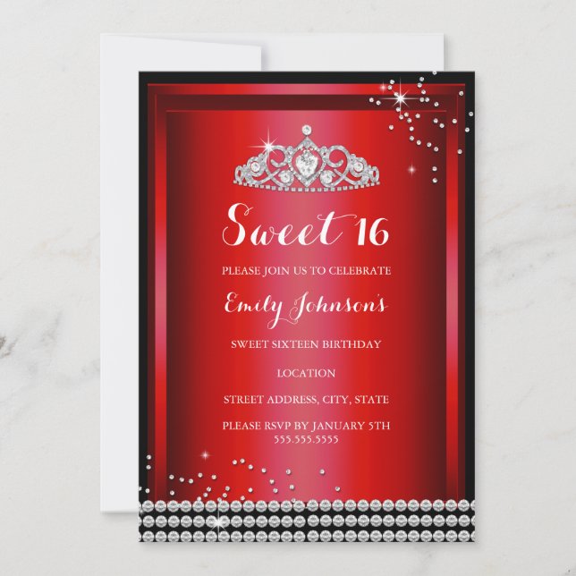 Red Sparkle Tiara Sweet 16 Anniversaire Invitation (Devant)