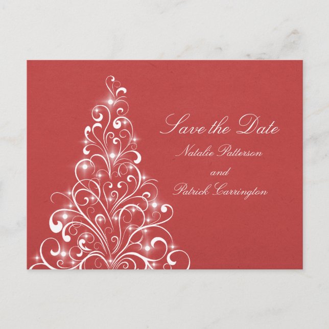 Red Sparkly Holiday Tree Enregistrer la date Carte (Devant)