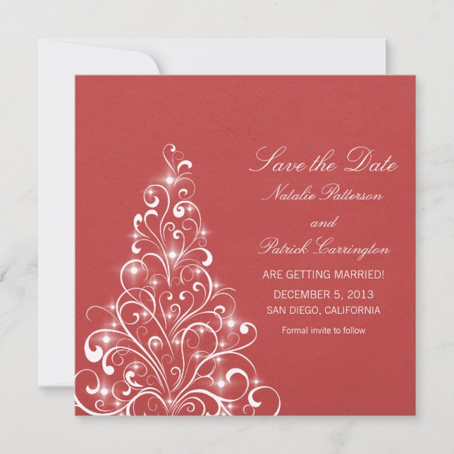 Red Sparkly Holiday Tree Save the Date Invitation (Devant)
