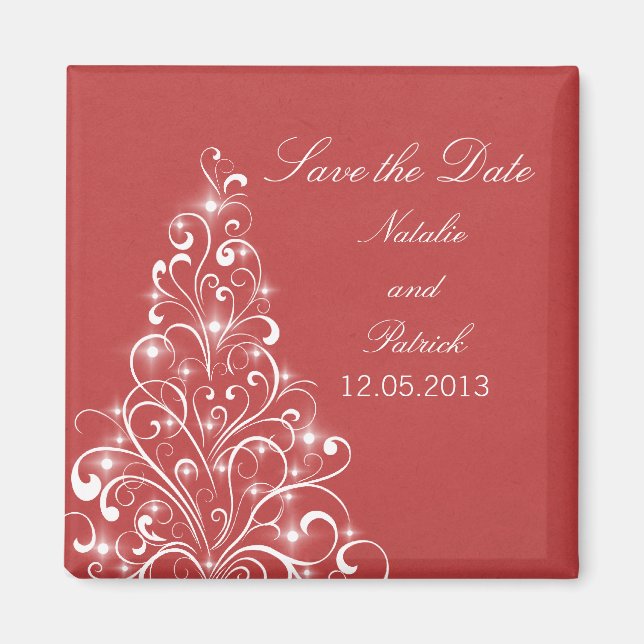 Red Sparkly Holiday Tree Save the Date Magnet (Devant)