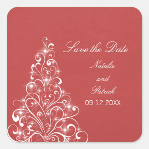 Red Sparkly Holiday Tree Save the Date Stickers