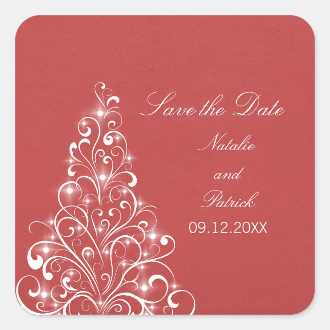 Red Sparkly Holiday Tree Save the Date Stickers (Devant)