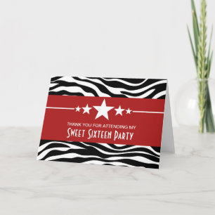 Red Stars Zebra Print Sweet 16 Cartes de remerciem