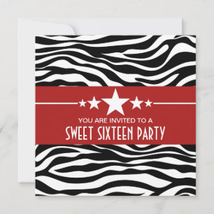 Red Stars Zebra Print Sweet 16 Invitation