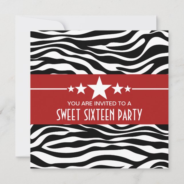 Red Stars Zebra Print Sweet 16 Invitation (Devant)