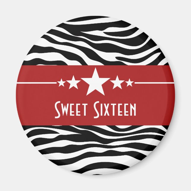 Red Stars Zebra Print Sweet 16 Magnet (Devant)