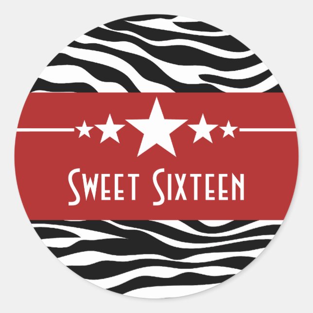 Red Stars Zebra Print Sweet 16 Stickers (Devant)