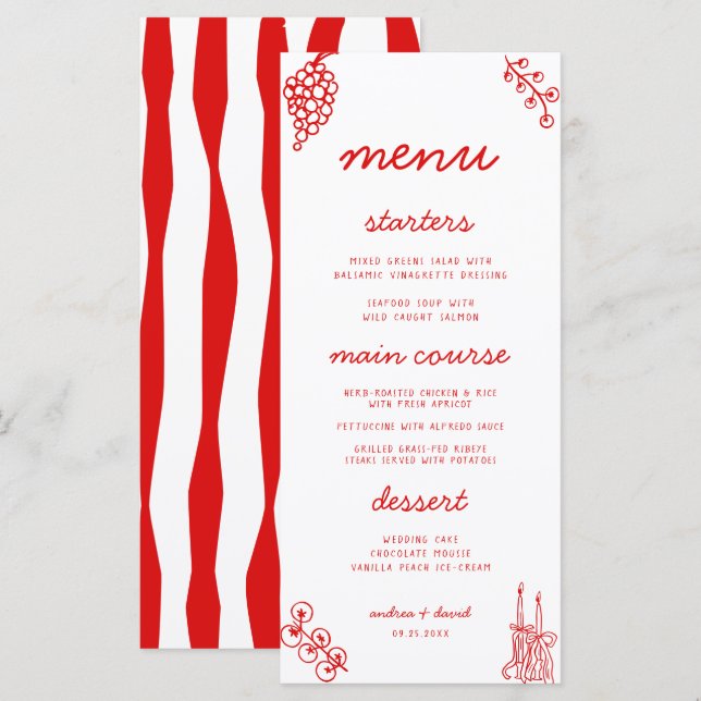 Red Stripes Retro Hand Drawn Italian Wedding Menu (Devant / Derrière)