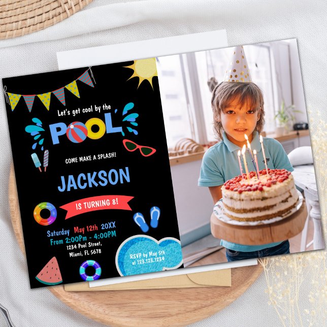 Red Sunglass Pool Birthday Invitations w photo (Red Sunglass Pool Birthday Invitations w photo)