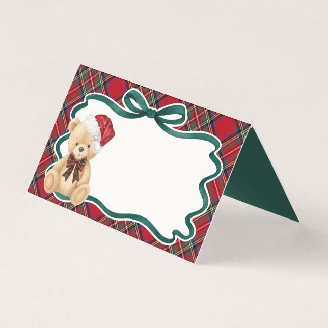 Red Tartan Plaid Christmas Bear Table Place Card (Front)