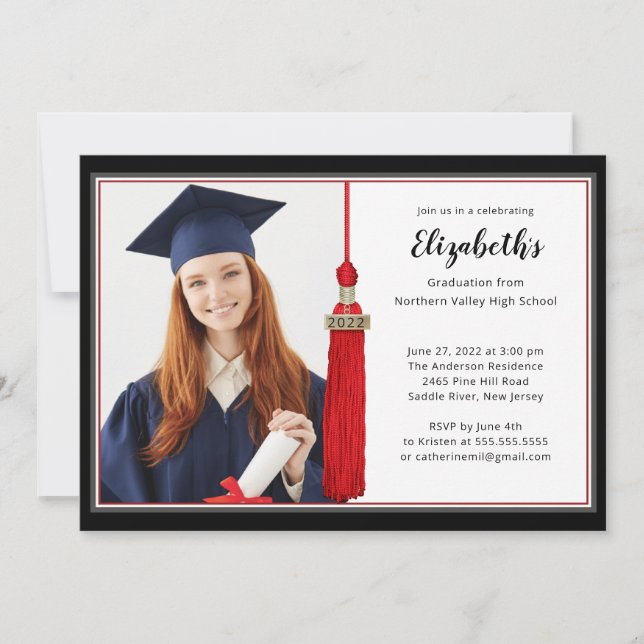 Red Tassel Photo Graduation Party Invitation (Devant)