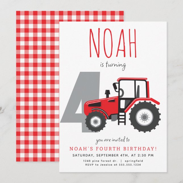 Red Tractor 4e Invitation d'anniversaire (Devant / Derrière)