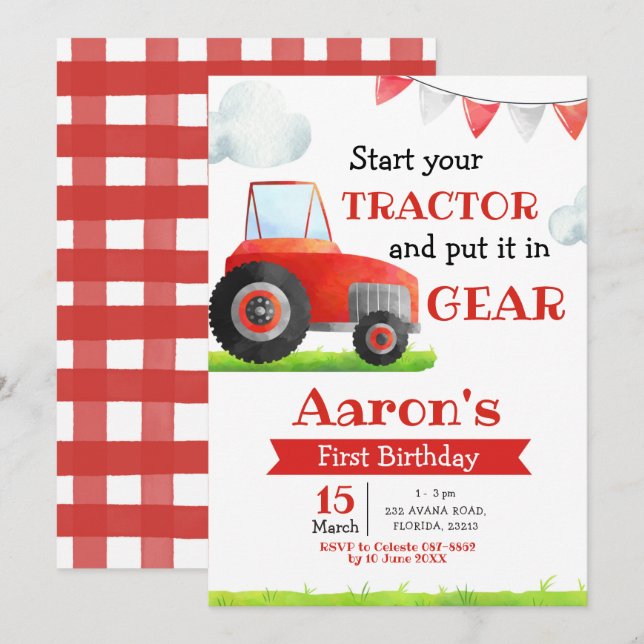 Red Tractor Boy Invitation Anniversaire (Devant / Derrière)