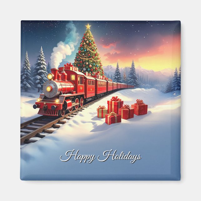 Red Train Christmas Tree Holiday Magnet (Devant)