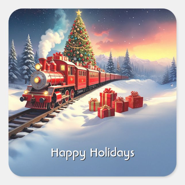 Red Train Christmas Tree Holiday Sticker (Devant)