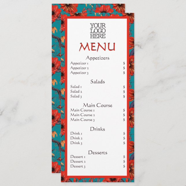 Red Turquoise Floral Café Restaurant Menu (Devant / Derrière)
