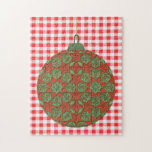 Red Vintage Christmas Fun Retro Puzzle<br><div class="desc">Ce joli puzzle de vacances présente mon art original d'un motif rouge à damiers retravaillé dans un aspect légèrement déprimé pour l'arrière - plan, avec un ornement de Noël motif en tuiles vintages sur mesure dans un style illustré et rétro - dans des tons principalement rouges et verts placés devant...</div>