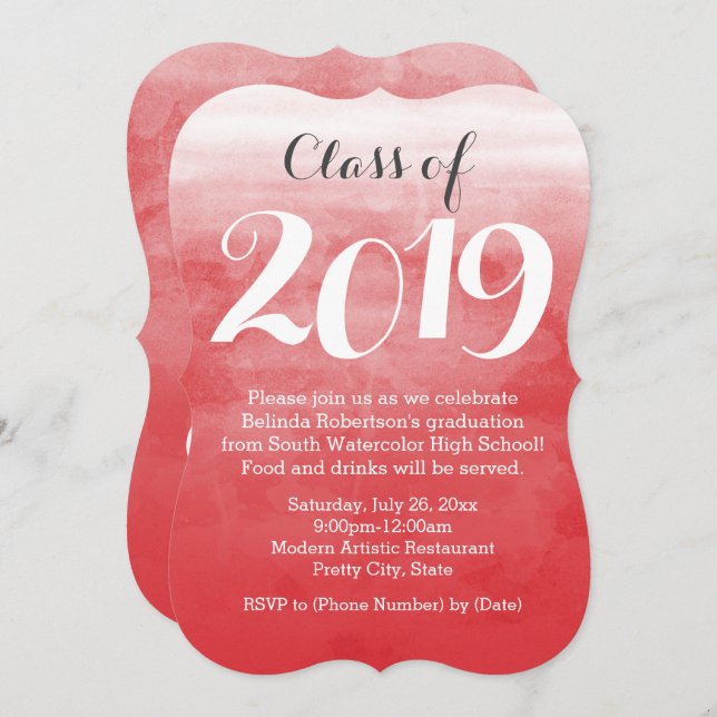 Red Watercolor 2019 Graduation Party Invitation (Devant / Derrière)