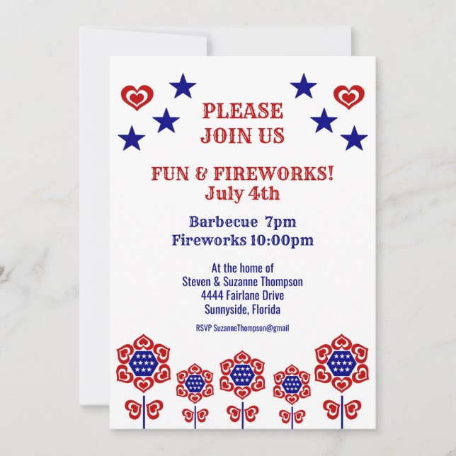 Red White Blue Flower Stars Patriotique Juillet 4 (Devant)