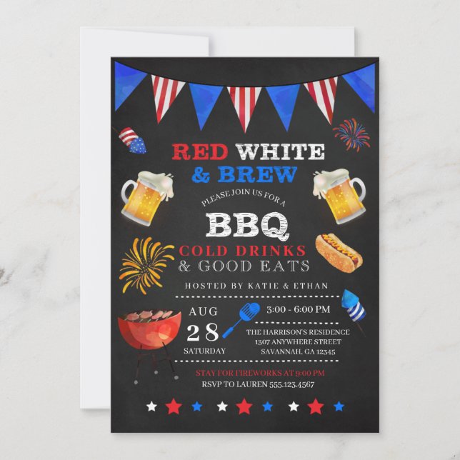 Red White & Brew 4 juillet BBQ Invitation (Devant)