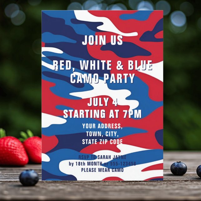 Red White Camo 4 juillet Fête Invitation (Celebrate 4th of July with a red, white and blue camo party. Just add your details)