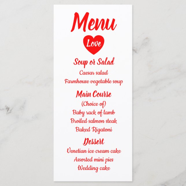Red & White Love Heart Menu Wedding Party (Devant)