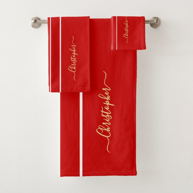 Red White Racing Stripes Faux Gold Monogrammed (En situation)