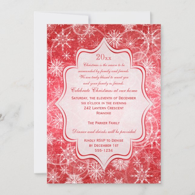 Red, White Snowflakes Invitation Fête de Fête (Devant)