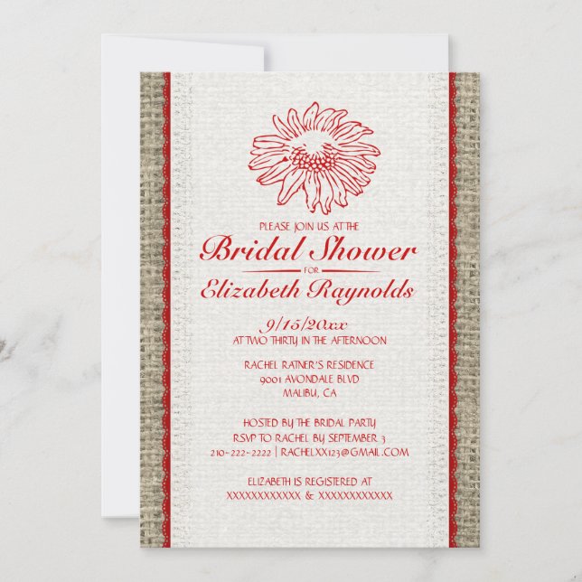 Red & White Vintage Lace Bridal Shower Invitations (Devant)