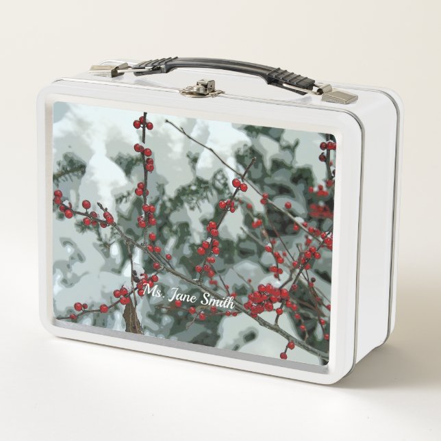 Red Winter Berries Holiday Metal Lunchbox (Devant)