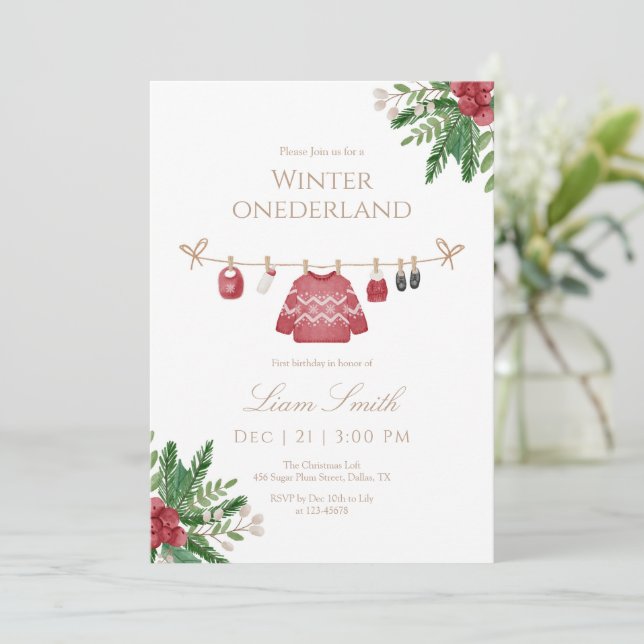 Red Winter Onederland First Birthday Invitation (Debout devant)