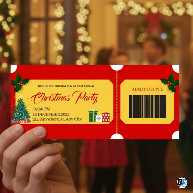 Red & Yellow Bold Christmas Party Entry P Ticket  (Créateur téléchargé)