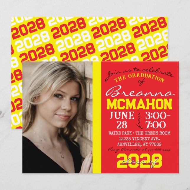 Red & Yellow Modern Graduation Photo Invitation (Devant / Derrière)