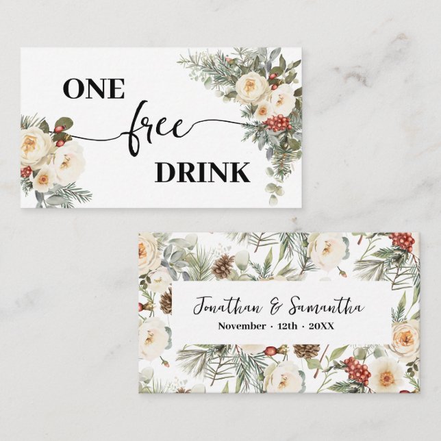 Réduction Carte de billet de boisson gratuite florale blanch (Devant / Derrière)