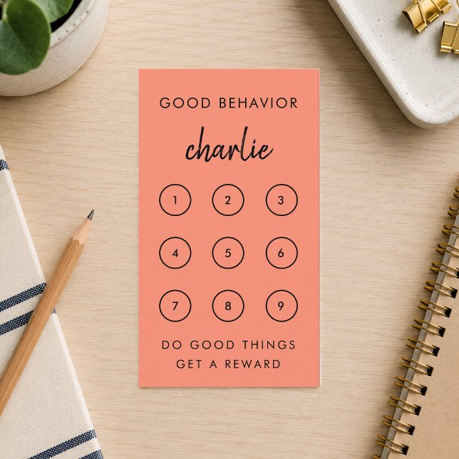 Réduction Carte de Récompense | Tableau de Comportement des  (Coral personalized reward card for kids to track kindness, chores and daily routines.)
