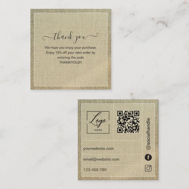 Réduction Carte de remerciement de commande en lin beige rus (Devant / Derrière)